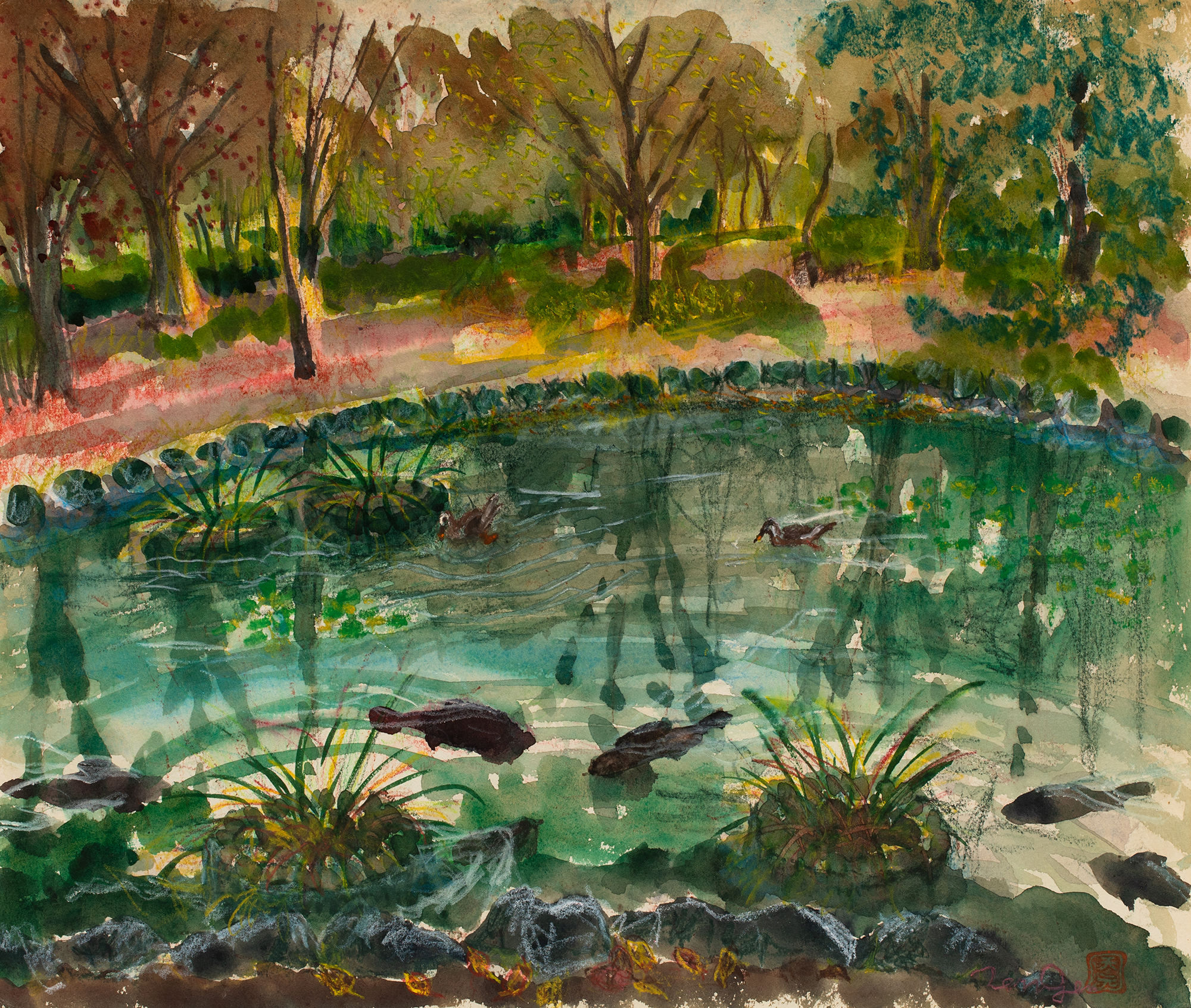 水彩色鉛筆画　森の池にて